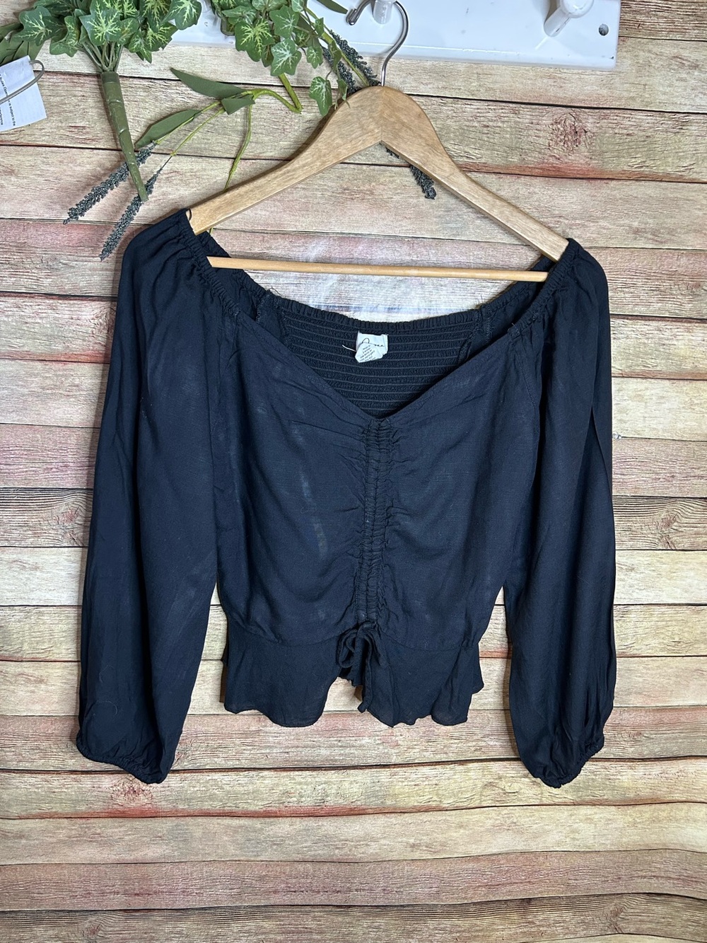 Japna Boho Black Ruched Tie Peasant Blouse Top Women’s Size Medium